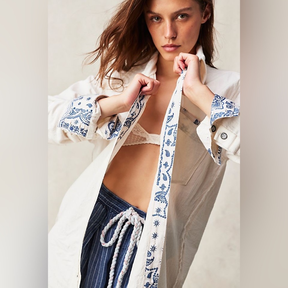 Free People White and Blue Button Down Shirt